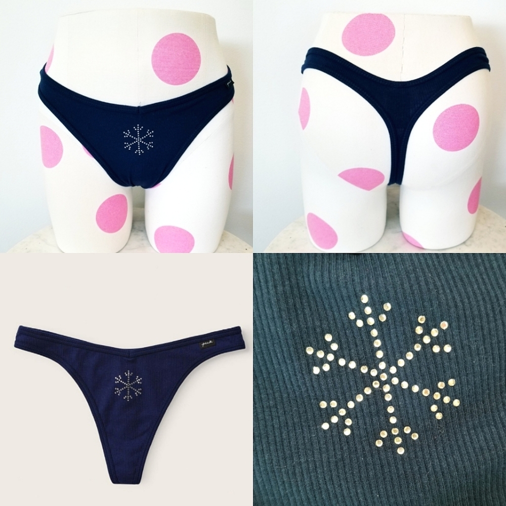 Victoria's Secret PINK Ribbed Cotton Thong Panty w/ Rhinestone Crystal Elements